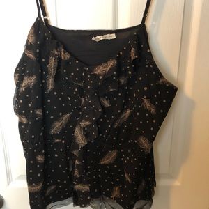 Ruffle front, feather pattern, spaghettini strap top